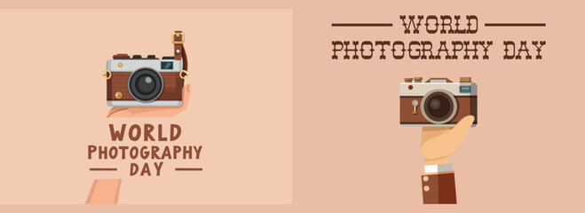 Hands Holding Retro Camera Icon for World Photography Day with Typography Text Background in Minimalist Flat Style for Creative Digital Illustration Use
