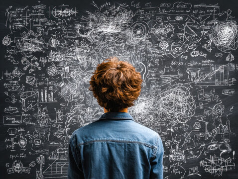 A person contemplating complex scientific and mathematical ideas on a chalkboard background - Powered by Adobe