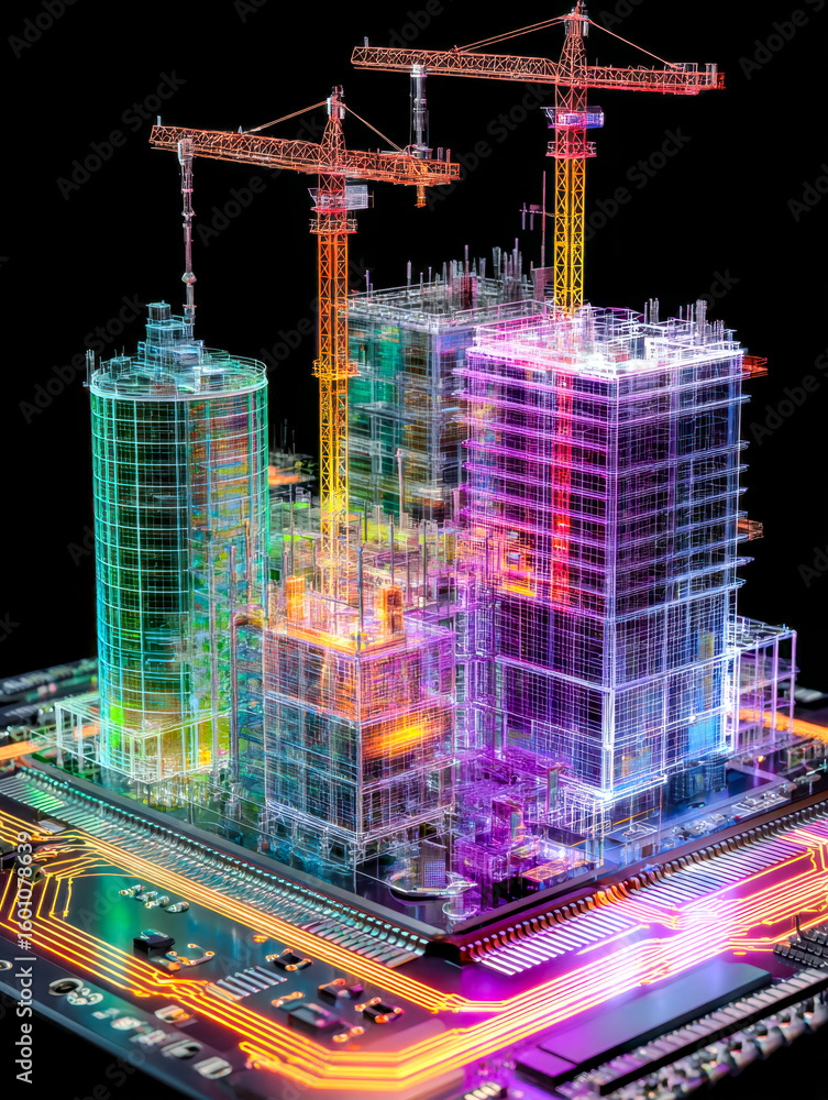 Poster vibrant digital rendering of a futuristic high-rise construction site with illuminated cranes and bu