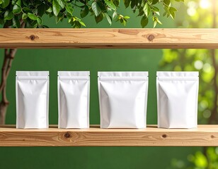 Four white blank stand up pouches on a wooden shelf against a green background with leaves above it