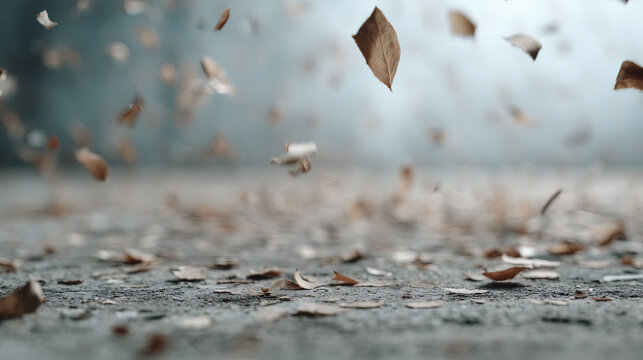 Dry autumn leaves falling on wet asphalt ground. Rainy day atmosphere with floating foliage. Seasonal change concept. Nature background for greeting card or social media post.