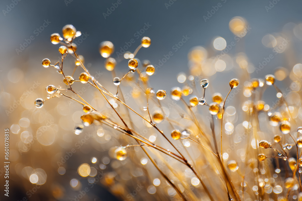 Poster close-up of delicate seed heads with dewdrops creating a sparkling bokeh background
