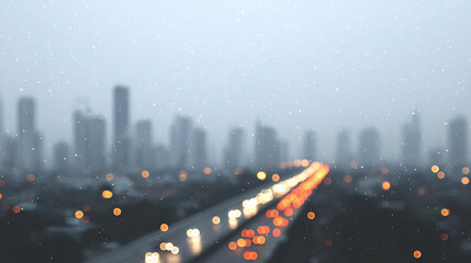 Blurred cityscape with illuminated highway at dusk. Urban night scene with skyscrapers and traffic lights. Moody metropolitan view for wallpaper, website banner, or social social media cover