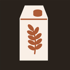 Carton package with plant leaf icon in flat minimalist style on dark background. Vector illustration of vegan milk or plant-based drink.
