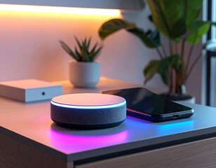 Illuminated smart speaker with plant and phone on bedside table in a modern home setting indoors