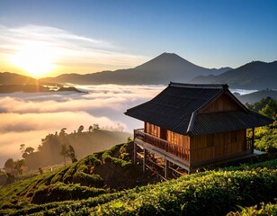 Wooden house on a hill overlooking a valley filled with clouds at sunrise with mountains in the distance