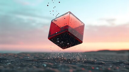 Floating red crystal amidst a dramatic sunset sky
