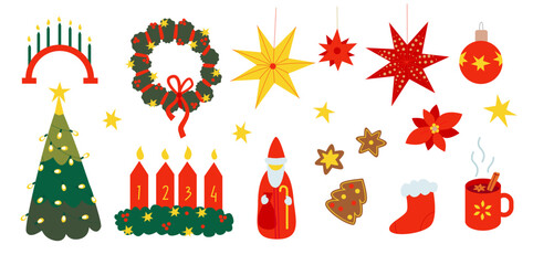 Illustration of Advent, St. Nicholas, Mulled Wine and Candle Arch, Advent wreath, stars and Christmas tree. Traditional European Christmas and Advent celebration.