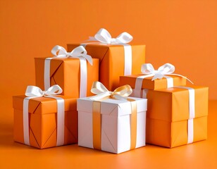 Stack of gifts in orange and white with ribbons against an orange background in studio shot