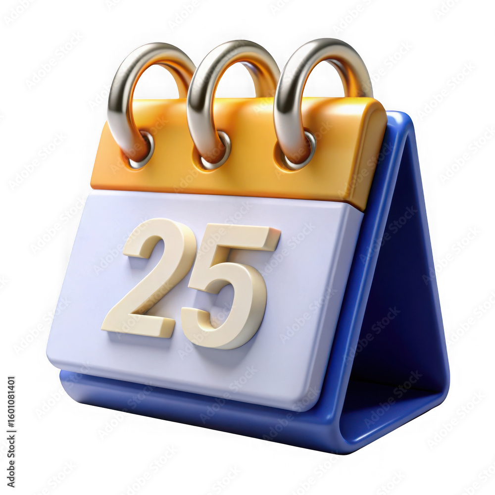 Poster 3d rendered flip calendar showing the 25th isolated on transparent background