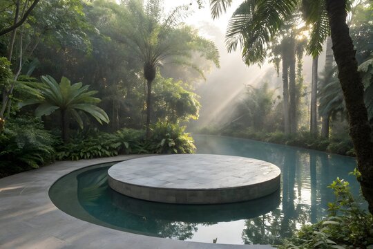 Serene sunrise scene. circular stone platform in tranquil tropical pool, lush foliage. - Powered by Adobe