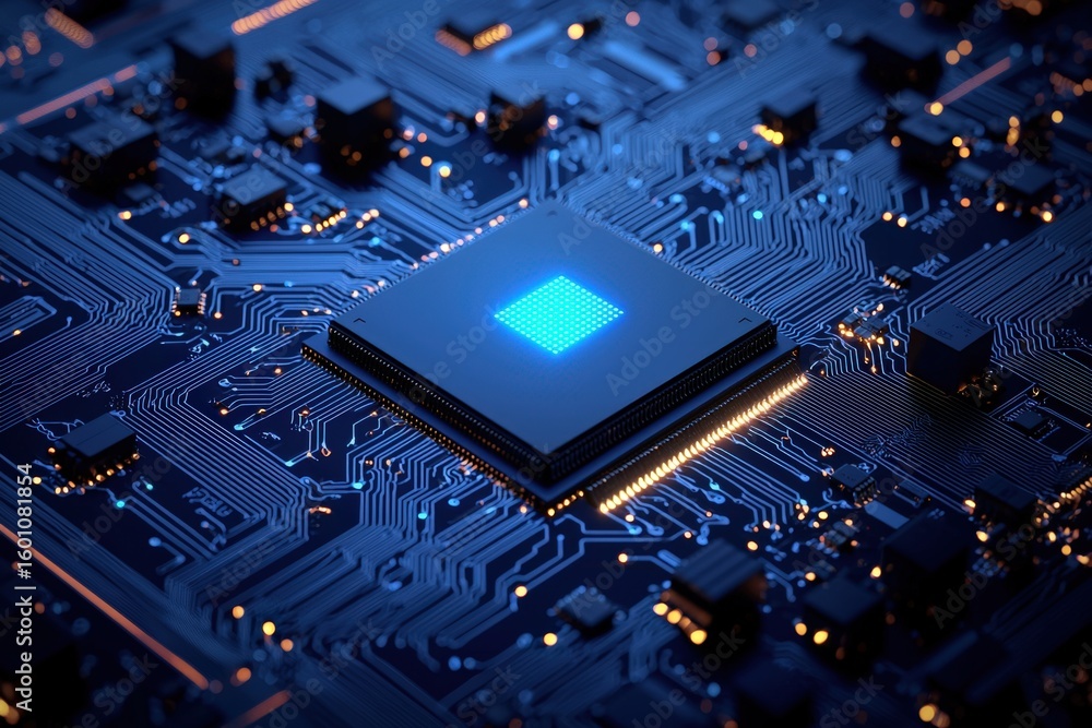 Poster close-up of a computer microprocessor on a circuit board with glowing blue and orange lights