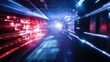 Abstract tunnel with neon light trails, futuristic technology concept animation, immersive - Powered by Adobe