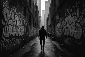 Lone figure walks down a dark graffiti covered alleyway with towering city buildings in the distance