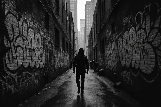 Lone figure walks down a dark graffiti covered alleyway with towering city buildings in the distance - Powered by Adobe