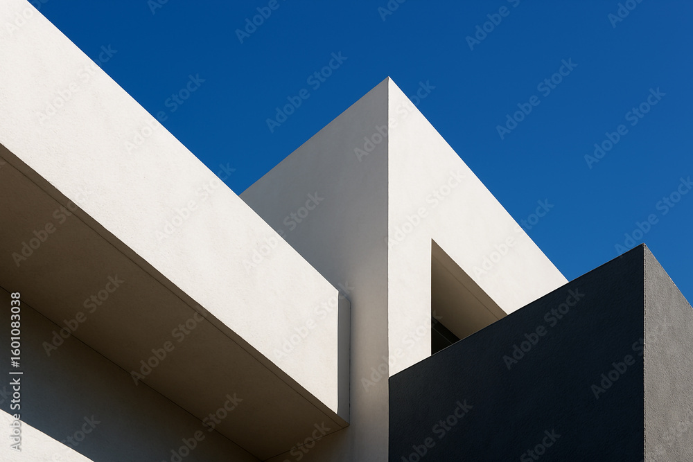 Poster modern architectural design with sharp angles and contrasting shadows against a clear blue sky