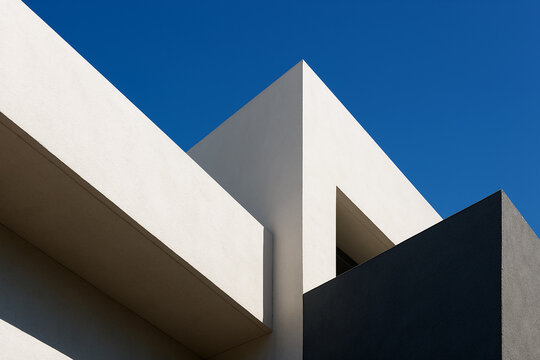 Modern architectural design with sharp angles and contrasting shadows against a clear blue sky