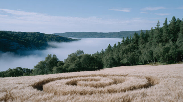 Mysterious crop circle in golden wheat field overlooking misty lake and forested hills. Alien phenomenon, paranormal activity concept. Scenic landscape with copy space