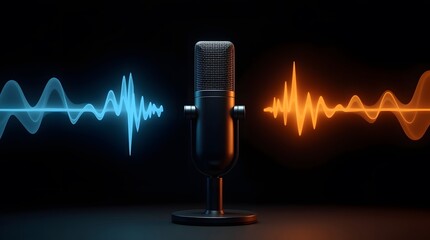 Vintage microphone with blue and orange sound waves on black background