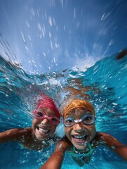 Zwei fröhliche Mädchen beim Unterwasserspaß im Schwimmbad – Sommer und Kindheit