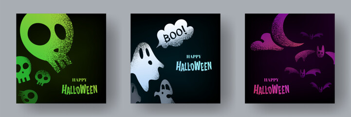 Set of Halloween square posters with grainy icons. Creative illustrations, silhouettes of skulls, ghosts, moon and flying bats. Spooky holiday decorations, greeting cards templates, vector covers.