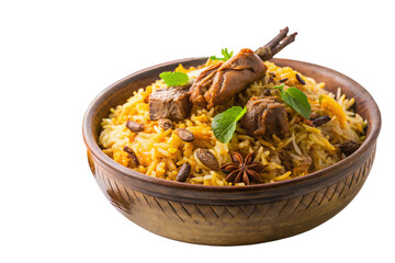 A bowl of delicious chicken biryani is garnished with fresh mint leaves and spices on a transparent background