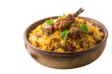 A bowl of delicious chicken biryani is garnished with fresh mint leaves and spices on a transparent background