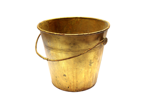 a gold bucket with a rope around it