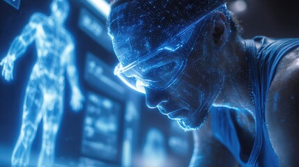 An athlete in a futuristic lab analyzes a holographic body scan.