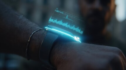 A man's vital signs are tracked in real-time on a holographic display.
