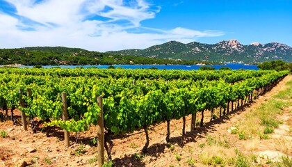 Lush vineyard stretches to a tranquil lake
