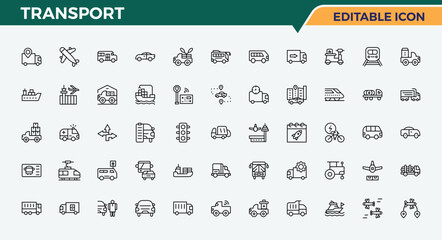Transport line icon set. Line icons with editable stroke. Editable stroke. Vector collection. Driving line icon set. Featuring traffic, car, taxi, travel, ship, shipping, vehicle and more.