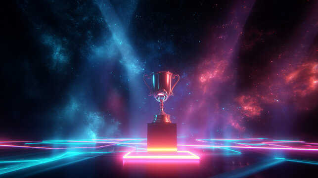 Trophy shines on neon platform under starry sky. Concept celebrates victory. Use for digital media, banner ads, website design, marketing, editorial.