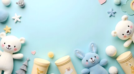 Cute baby shower flat lay with stuffed animals and bottles