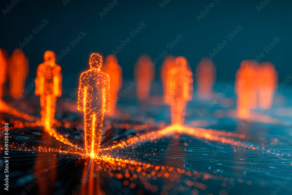 Poster digital representation of interconnected human figures in a futuristic network