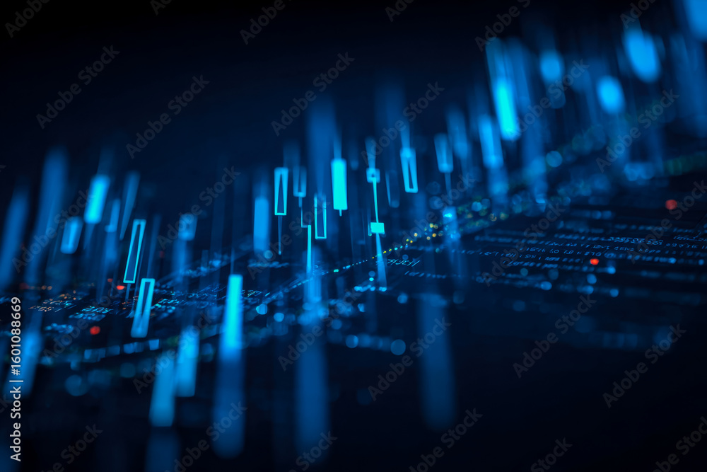Aufkleber digital data visualization with glowing blue candlestick chart and code background