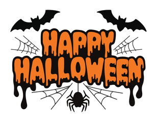 happy halloween text with dripping orange effect bats spider and web perfect for spooky seasonal cards posters and festive decorations