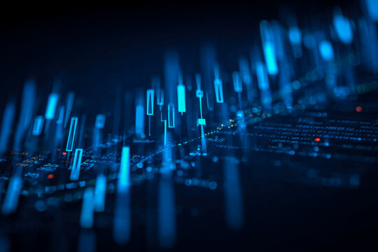 Digital data visualization with glowing blue candlestick chart and code background - Powered by Adobe