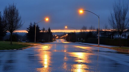Fototapeta premium Residential street at twilight, reflecting streetlights in the rain.