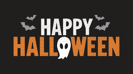 happy halloween text with ghost and bats on black background perfect for festive seasonal design posters greeting cards and party invites