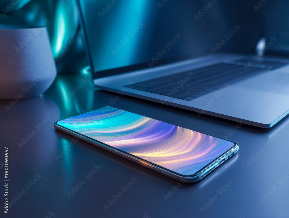 Poster modern smartphone with vibrant display on a sleek desk setup