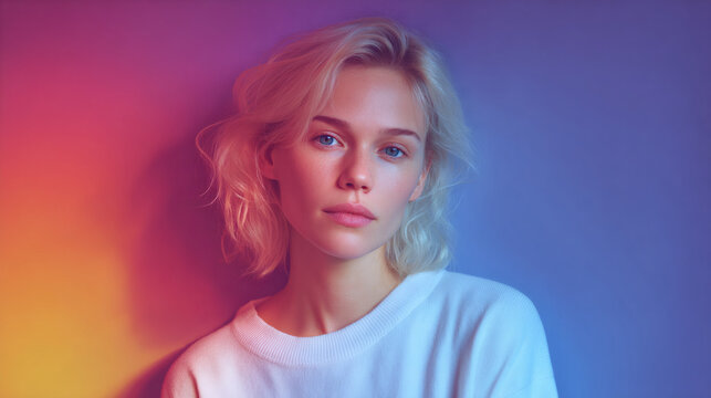Woman with blonde hair in white sweater on colorful gradient background. Portrait photography. Creative lighting effect for social media profile picture or beauty blog - Powered by Adobe