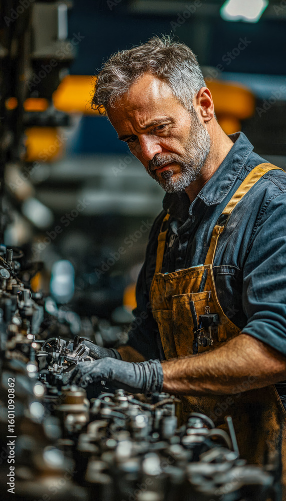 Poster skilled mechanic working on engine components in a workshop setting
