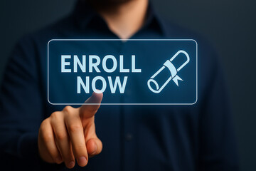 Modern enrollment interface with digital diploma icon and touch screen button, education registration concept for training, learning, admission promotion