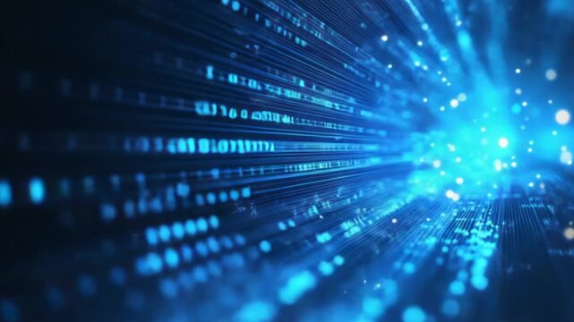 Streaks of blue binary code lead towards a distant bright glowing abstract light