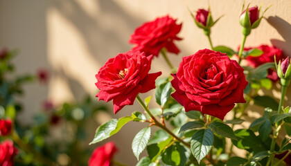 Fototapeta premium Red roses blooming in garden with soft sunlight and green leaves . Floriculture 