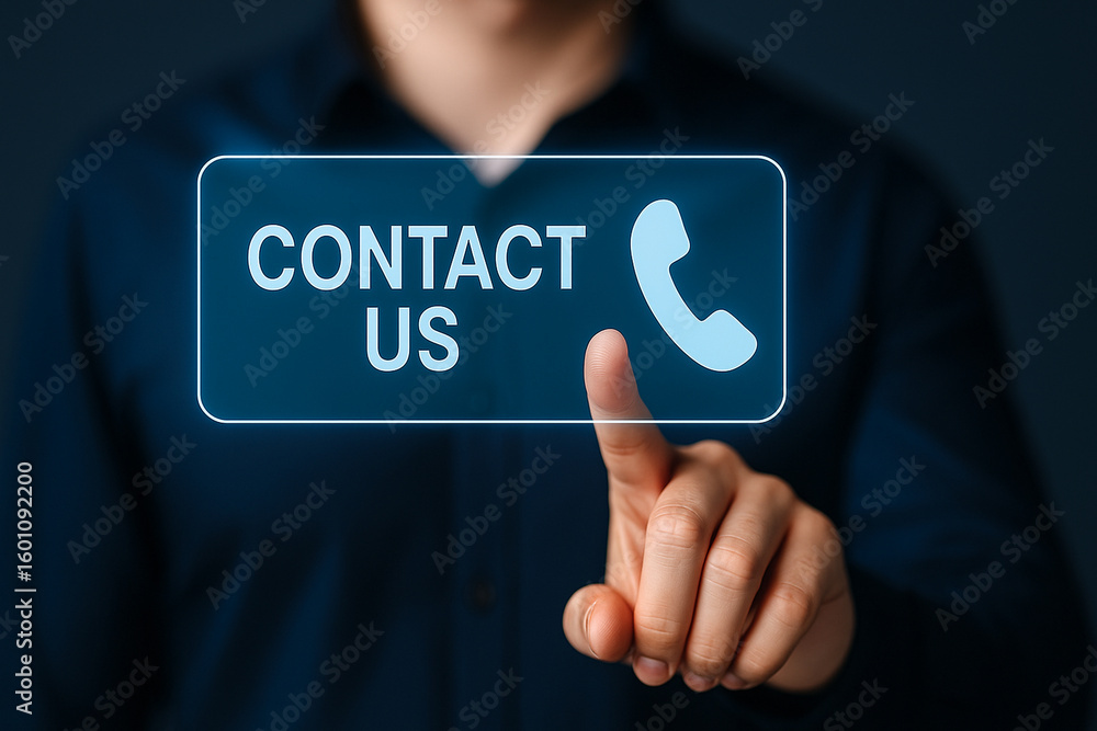 Poster modern contact us button with finger touch gesture on virtual interface for business websites, suppo