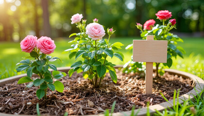 Pink roses growing in garden bed with wooden label in sunlight. Floriculture