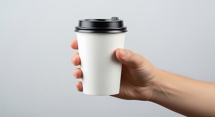 Hand Holding Disposable Cup with Lid on Gray Background