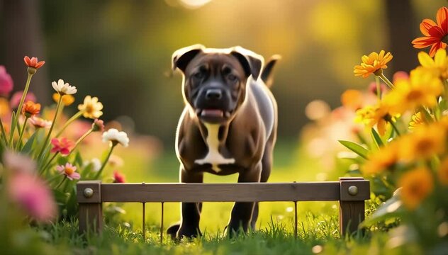 Cane corso jumping over a garden fence